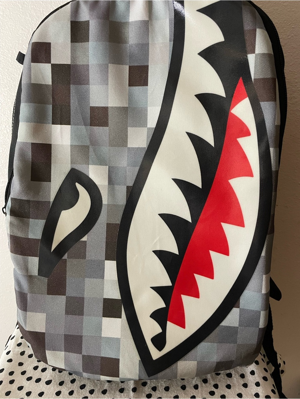 Gray Pixel Shark-Graphic Kids Backpack with Red Accent